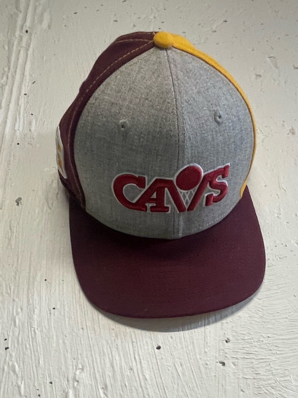 Cavs Logo Colorblock Snapback Hat - Gray, Maroon, Yellow